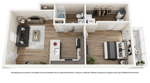 A floor plan of a small apartment with a living room, kitchen, and two bedrooms.